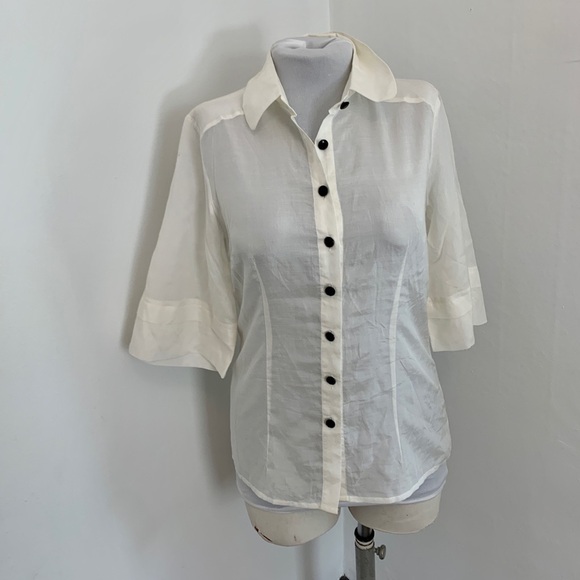 Kensie Pretty Button Down Blouse Top White Silky Classic Cream White Thin 3/4 - Picture 7 of 17